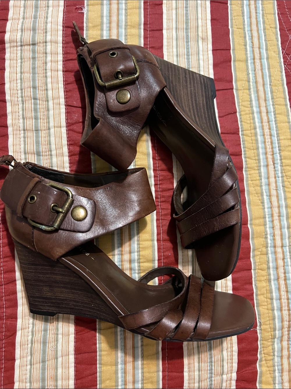 Via Spiga Brown Leather Wedge Sandals with Buckle Ankle Strap 7.5-8 size